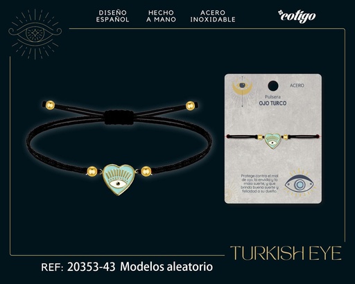 [20353-43] Pulsera de hilo encerado negro con ojo turco dorado - Joyas de suerte y protección