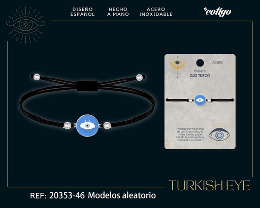 [20353-46] Pulsera de hilo encerado negro con Ojo Turco Plateado - Amuletos de suerte y protección