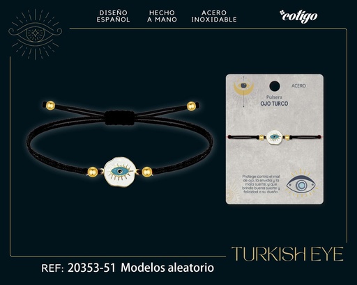 [20353-51] Pulsera de hilo encerado negro con Ojo Turco Dorado - Amuletos de suerte y protección