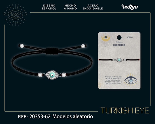 [20353-62] Pulsera de hilo encerado negro con Ojo Turco Plateado - Amuletos de suerte y protección