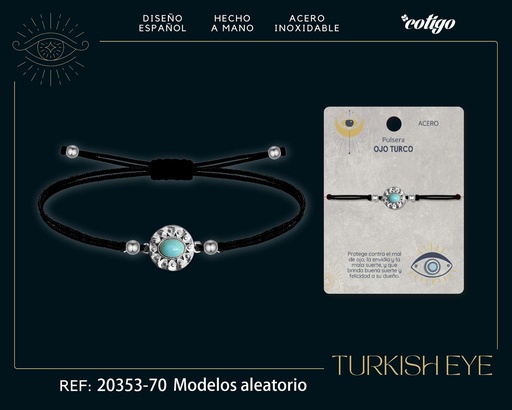 [20353-70] Pulsera de hilo encerado negro con Ojo Turco Plateado - Amuletos de suerte y protección