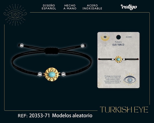 [20353-71] Pulsera de hilo encerado negro con Ojo Turco Dorado - Amuletos de suerte y protección