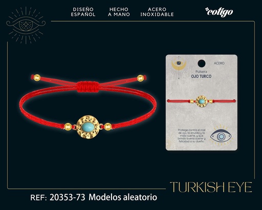 [20353-73] Pulsera de hilo encerado rojo con Ojo Turco Dorado - Amuletos de suerte y protección