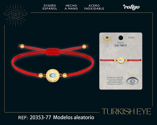 [20353-77] Pulsera de hilo encerado rojo con Ojo Turco Dorado - Amuletos de suerte y protección