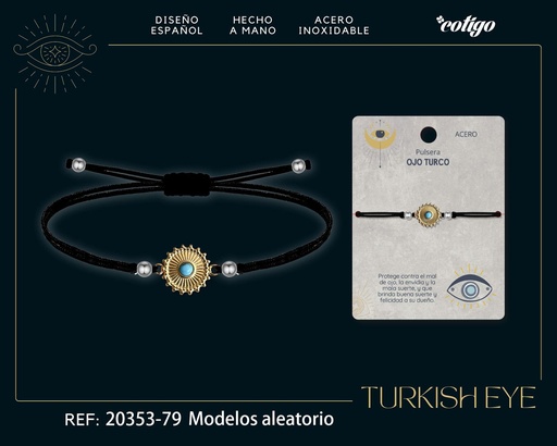 [20353-79] Pulsera de hilo encerado negro con Ojo Turco Dorado - Amuletos de suerte y protección