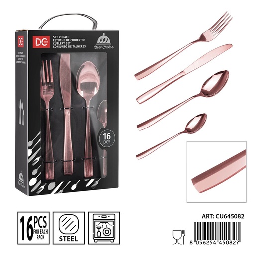 [0238267] Juego de cubiertos de acero oro rosa brillante 16 piezas - Utensilios de mesa
