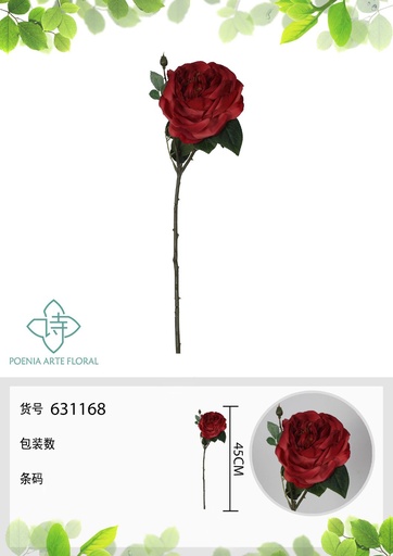 [631168ROJO] Rosa de té romana falsa de un solo tallo roja 45 cm - Decoración floral