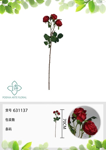 [631137ROJO] Rosa de Milán falsa de 4 cabezas 70 cm - Decoración floral