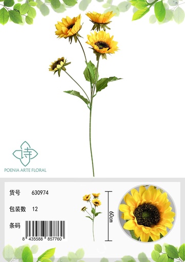[630974] Ramo de flores artificiales - 4 cabezas de girasol en tallo largo 60 cm