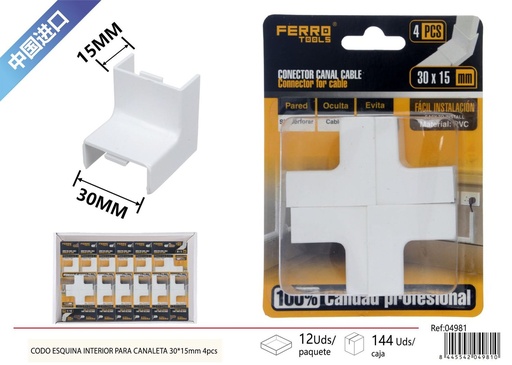 [04981] Ángulo interior para canaleta PVC 30*15mm 4 piezas - Accesorios de instalación eléctrico