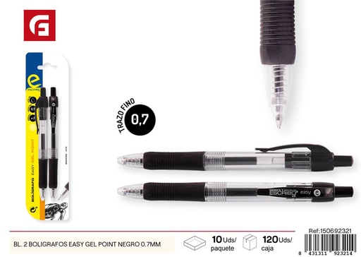 [150692321] 2 bolígrafos negros 0.7mm Easy Gel Point- Material escolar y escritura