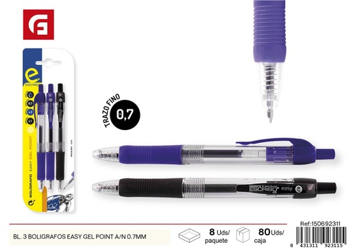 [150692311] 3 bolígrafos de colores 0.7mm Easy Gel Point A/N- Material escolar y escritura