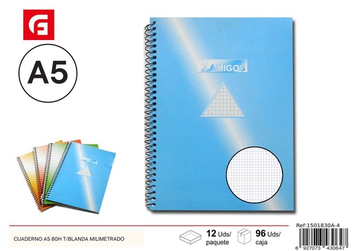 [1501830A-4] Cuaderno A5 80H tapa blanda milimetrado- Material escolar y cuadernos