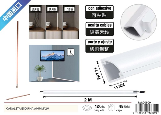 [00809] Canaleta de esquina triangular blanca PVC 14mm*2m - Accesorios de ferretería