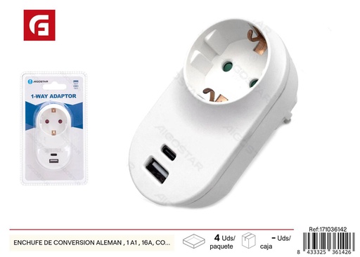 [171036142] Enchufe de conversión alemán 1 a 1, 16A, con USB + Type C - Suministros eléctricos y adaptadores