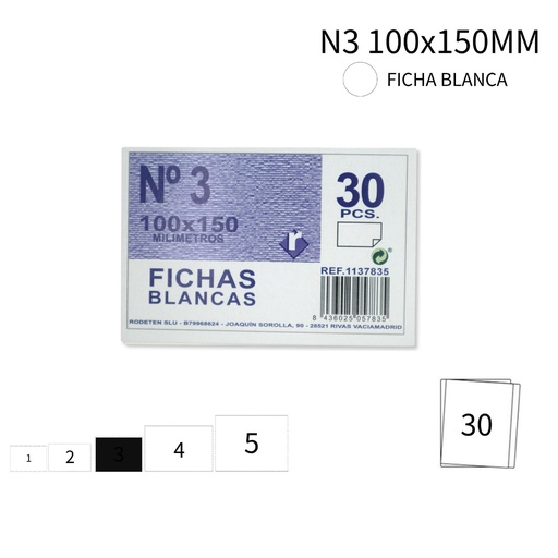 [A001191] Ficha Nº 3 blanca 100X150mm - Papelería y formularios
