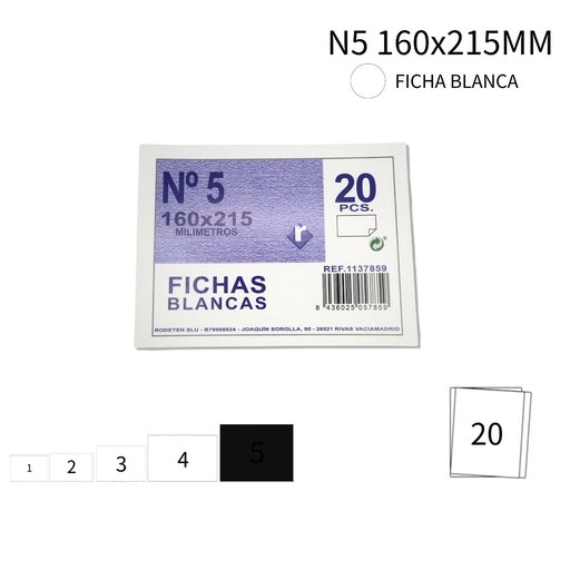 [A001190] Ficha blanca nº5 160X215mm - Papelería y útiles de oficina