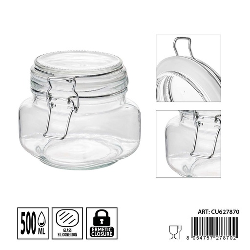 [0236175] Tarro de cristal hermético 500 ml - Almacenamiento y conservación de alimentos (11x11 cm)