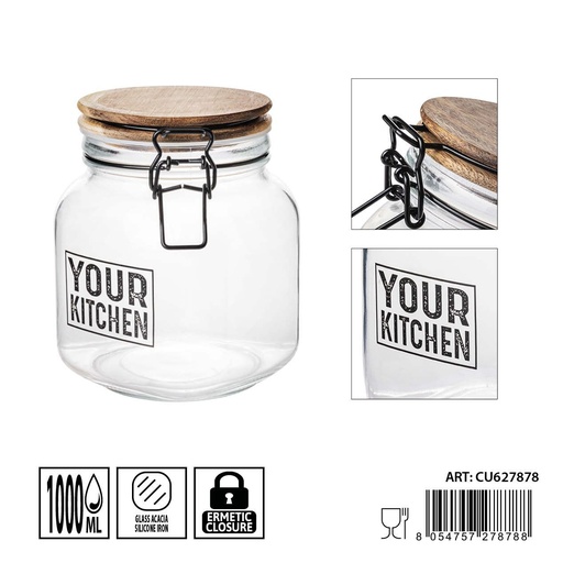 [0236183] Tarro de cristal hermético 1L - Almacenamiento y conservación de alimentos (11.3x14.8 cm)