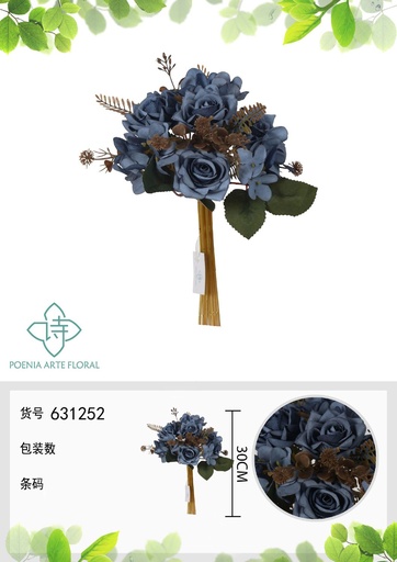 [631252AZUL] Ramo de flores artificiales con rosas de 30 cm - Decoración floral