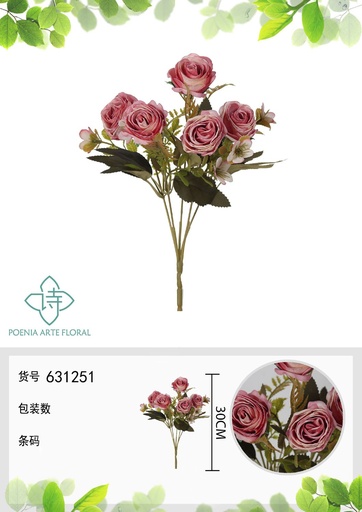 [631251ROSA] Ramo de flores artificiales con bordes quemados de primavera de 30 cm - Decoración floral