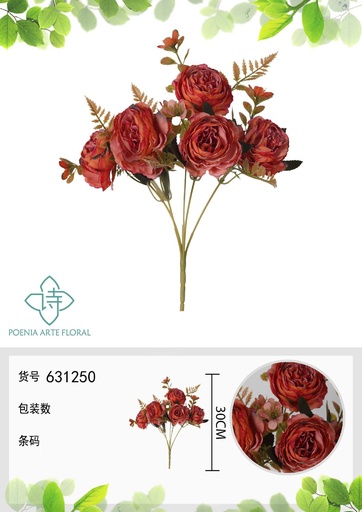 [631250NARANJA] Ramo de flores artificiales con bordes quemados de peonía occidental de 30 cm - Decoración floral