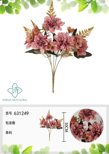 [631249ROSA OSCURO] Ramo de flores artificiales de crisantemo con bordes quemados de 30 cm - Decoración floral