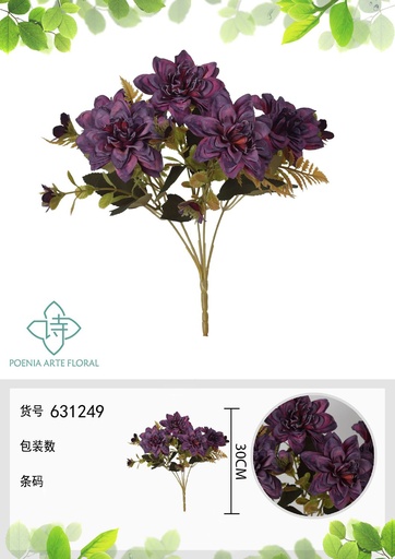 [631249MORADO] Ramo de flores artificiales de crisantemo con bordes quemados de 30 cm - Decoración floral