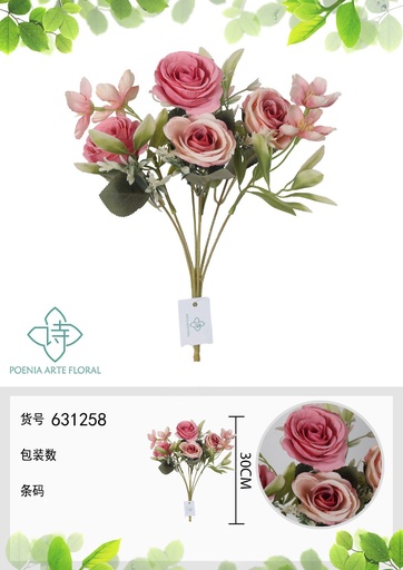[631258ROSA] Ramo de flores artificiales de primavera de hojas de flor de 30 cm - Decoración floral