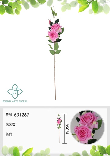 [631267ROSA CLARO] Ramo de flores artificiales de rosa china de 85 cm con 3 flores - Decoración floral