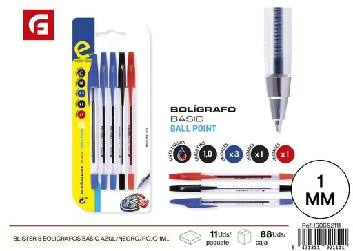 [150692111] Blister 5 bolígrafos basic azul/negro/rojo 1mm - Material escolar básico