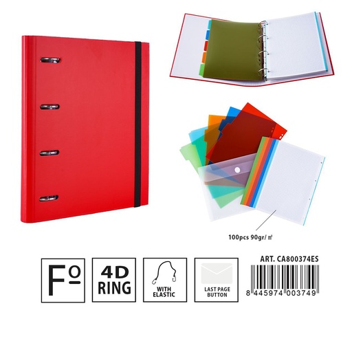 [A001307] Carpeta multifunción 4 anillas D4 28*4*32 cm rojo - Material de oficina y documentos