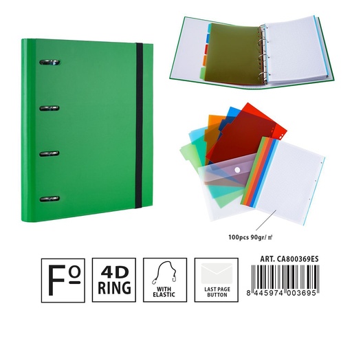 [A001302] Carpeta multifunción 4 anillas D4 28*4*32 cm verde - Material de oficina y documentos
