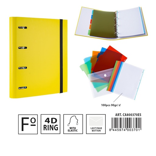 [A001303] Carpeta multifunción 4 anillas D4 28*4*32 cm amarillo - Material de oficina y documentos