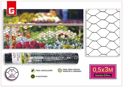 [190360957] Malla metálica hexagonal plastificada 0.5x3m 40mm 0.9mm - Materiales de jardín y protección