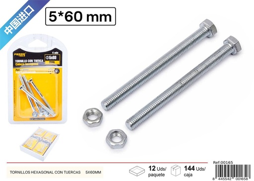 [00165] Tornillos hexagonales con tuercas Ø5*60mm - Fijaciones y herrajes para ferretería