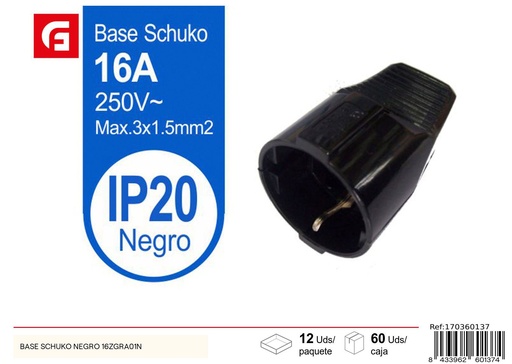 [170360137] Base Schuko negra 16ZGRA01N - Suministros eléctricos y enchufes