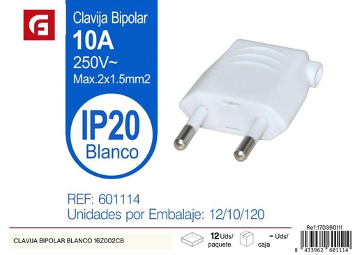 [170360111] Clavija bipolar blanca 10A 250V - Suministros eléctricos y conectores