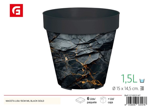 [121053147] Maceta lisa IML 15 cm diseño negro y dorado - Jardinería y decoración del hogar