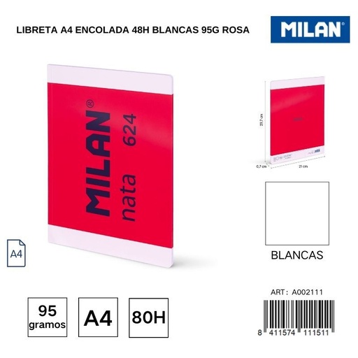 [A002111] Libreta A4 encolada 48h blancas 95g color rosa - Artículos de papelería y cuadernos