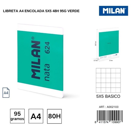 [A002103] Libreta A4 encolada 5x5 48h 95g color verde - Artículos de papelería y cuadernos