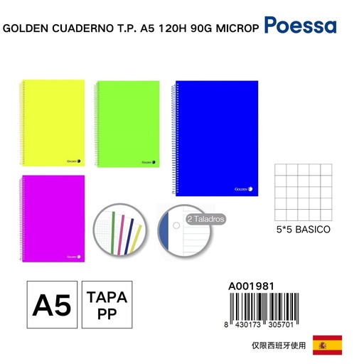 [A001981] Cuaderno T.P. A5 120 hojas 90g microp. con cubierta de plástico - Cuadernos escolares y de oficina
