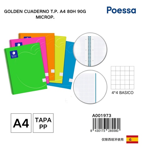 [A001973] Cuaderno T.P. A4 80 hojas 90g microp. con cubierta de plástico - Cuadernos escolares y de oficina