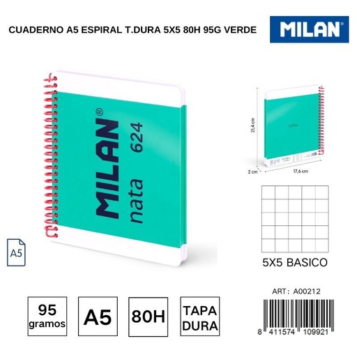 [A002112] Cuaderno A5 espiral T.Dura 5x5 80h 95g verde - Cuadernos escolares y de oficina