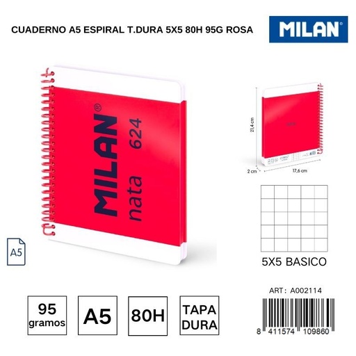 [A002114] Cuaderno A5 espiral T.Dura 5x5 80h 95g rosa - Cuadernos escolares y de oficina