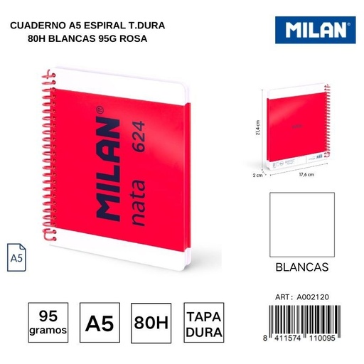 [A002120] Cuaderno A5 espiral T.Dura 80h blancas 95g rosa - Cuadernos escolares y de oficina