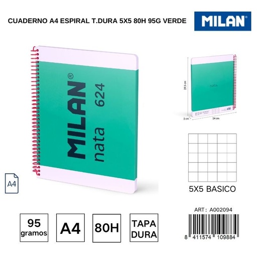 [A002094] Cuaderno A4 espiral T.Dura 5x5 80h 95g verde - Cuadernos escolares y de oficina