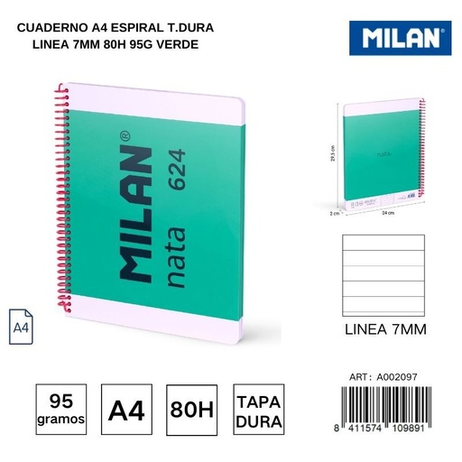 [A002097] Cuaderno A4 espiral T.Dura línea 7 mm 80h 95g verde - Cuadernos escolares y de oficina
