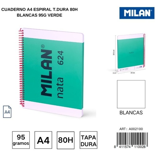[A002100] Cuaderno A4 espiral T.Dura 80h blancas 95g verde - Cuadernos escolares y de oficina