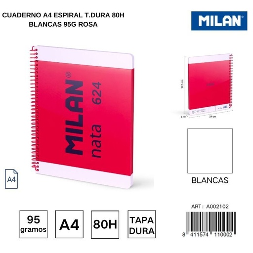 [A002102] Cuaderno A4 espiral T.Dura 80h blancas 95g rosa - Cuadernos escolares y de oficina
